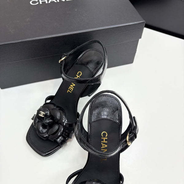 CC 25 Camellia Open Heel Sandals 90mm Black Sheepskin 368820
