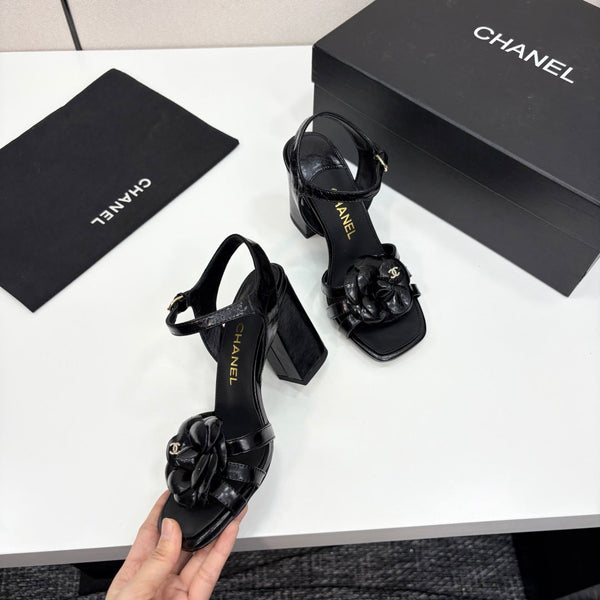 CC 25 Camellia Open Heel Sandals 90mm Black Sheepskin 368820