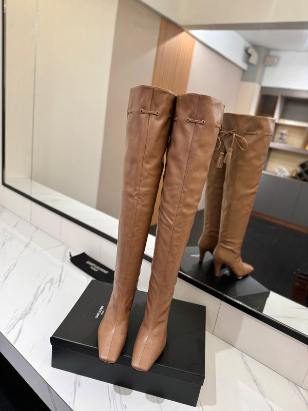 YSL 25 Over-the-Knee Martin Boot Light Brown Calfskin 520781