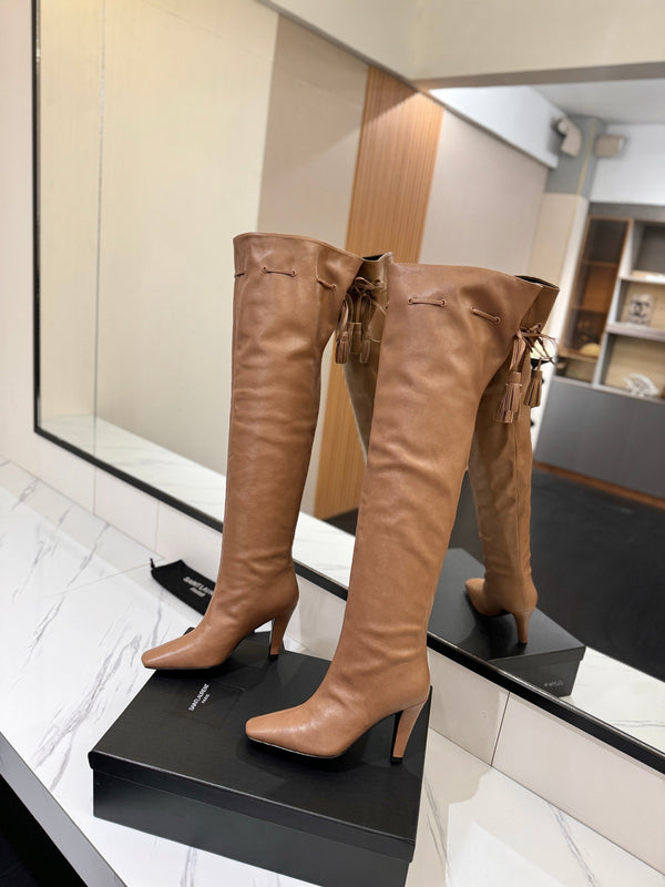 YSL 25 Over-the-Knee Martin Boot Light Brown Calfskin 520781
