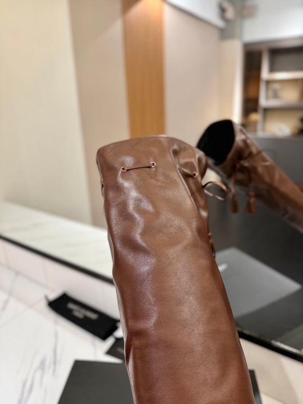YSL 25 Over-the-Knee Martin Boot Brown Calfskin 520783