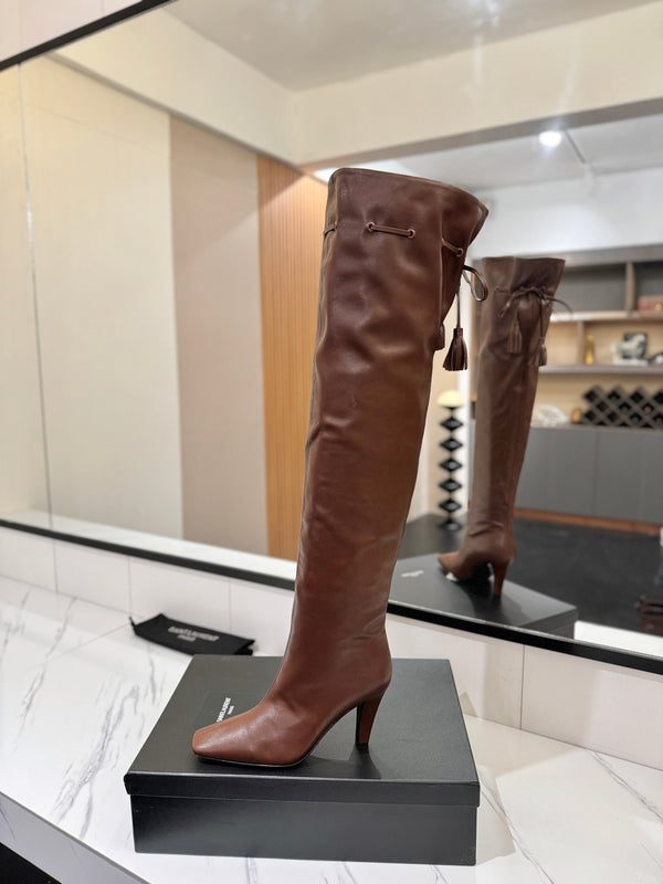 YSL 25 Over-the-Knee Martin Boot Brown Calfskin 520783