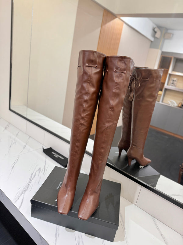 YSL 25 Over-the-Knee Martin Boot Brown Calfskin 520783