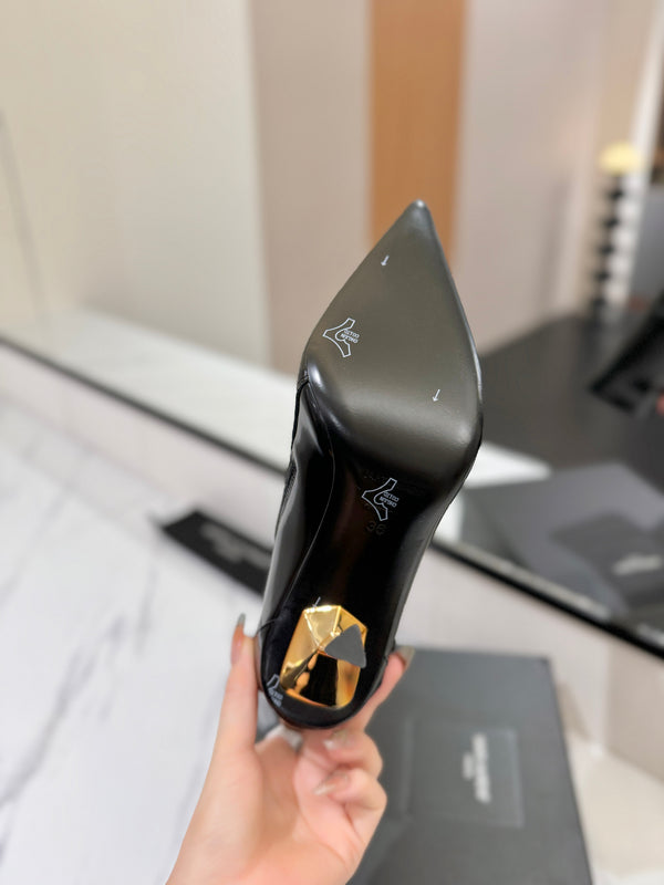 YSL 25 Metal Stiletto Martin Boots Black Gold Cowhide 520779