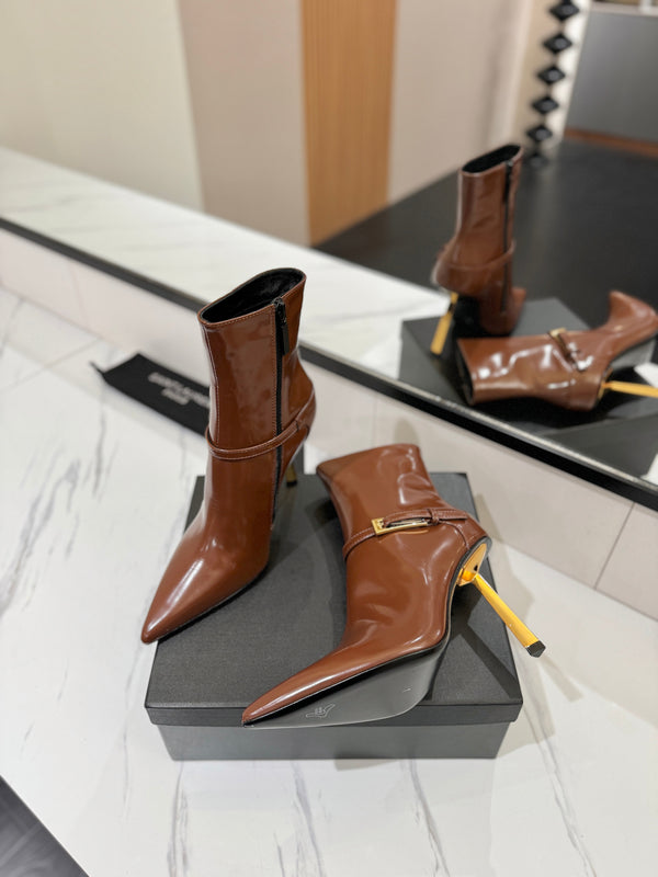 YSL 25 Metal Stiletto Martin Boots Brown Gold Cowhide 520780