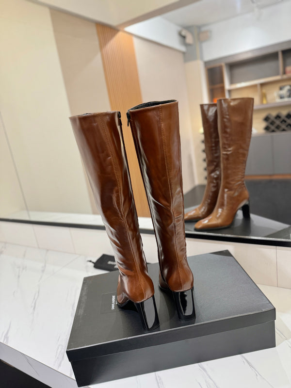 YSL 25 Zipper Sleeve Boot Brown Cowhide 520789