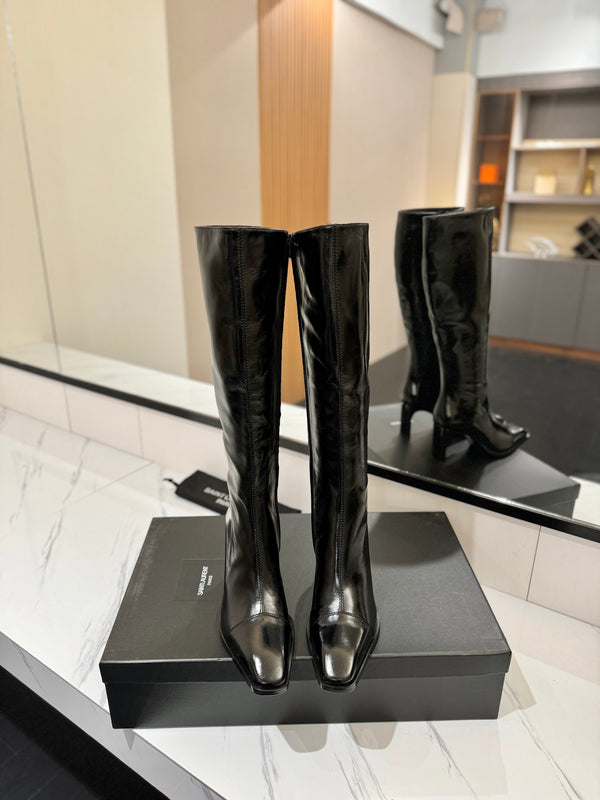 YSL 25 Zipper Sleeve Boot Black Patent Cowhide 520791
