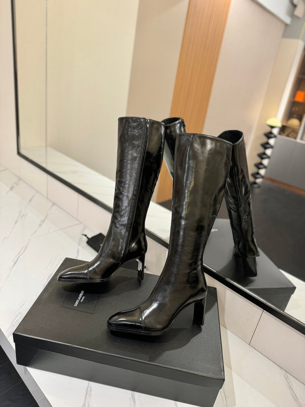 YSL 25 Zipper Sleeve Boot Black Patent Cowhide 520791
