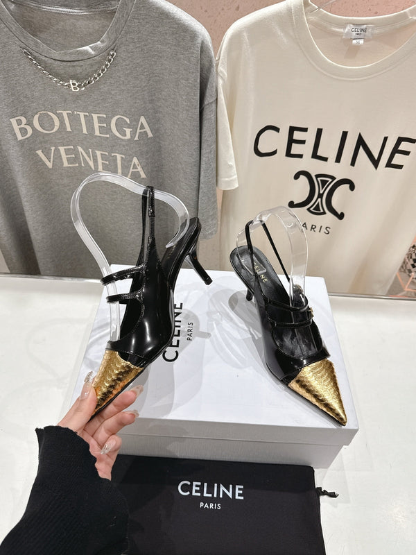 Celine 25C Judy Double Strap Mary Jane Slingback Black mix Gold Sheepskin 236775