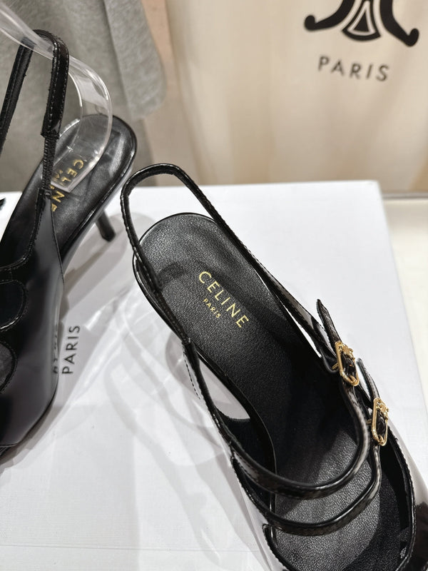 Celine 25C Judy Double Strap Mary Jane Slingback Black mix Silver Sheepskin 236776