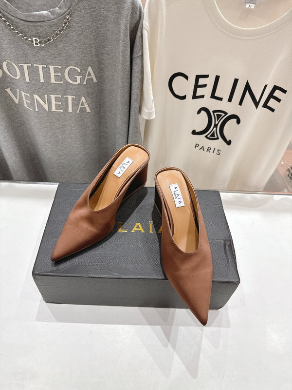 Alaia 25 Cube Wedge Mules Brown Silk Sheepskin 300083