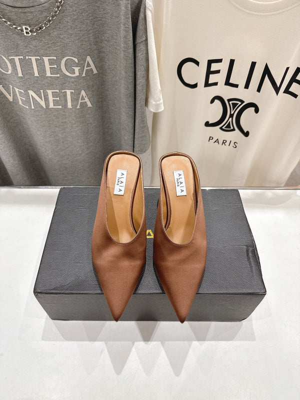 Alaia 25 Cube Wedge Mules Brown Silk Sheepskin 300083