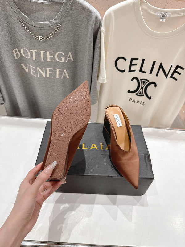 Alaia 25 Cube Wedge Mules Brown Silk Sheepskin 300083