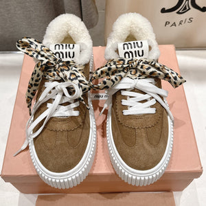 MiuMiu 25 Sneaker Brown White Leopard Suede Wool 535581