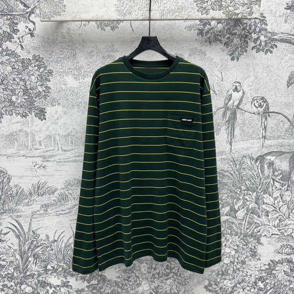 Miu Miu 25 Striped Long-sleeved T-shirt Green Cotton