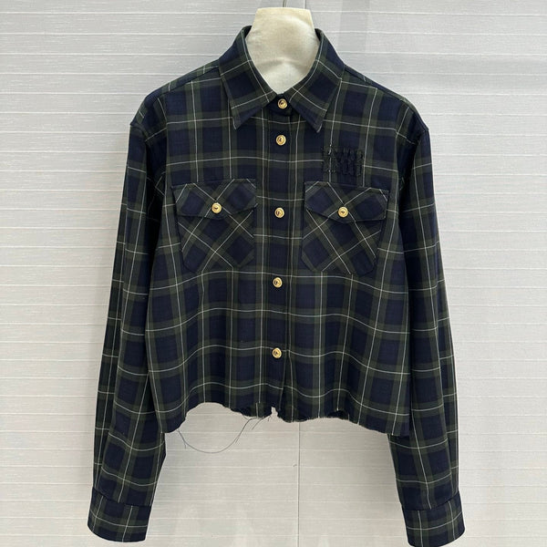 Miu Miu Plaid Short-cut Shirt Green Blue Wool