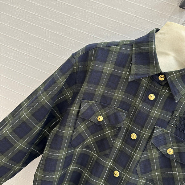 Miu Miu Plaid Short-cut Shirt Green Blue Wool