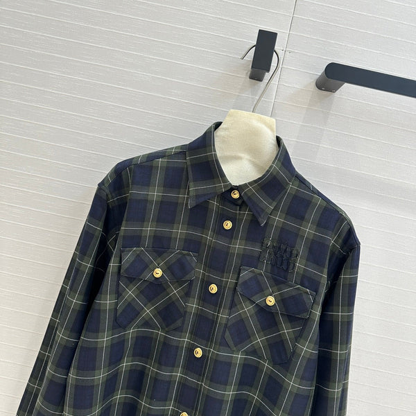 Miu Miu Plaid Short-cut Shirt Green Blue Wool