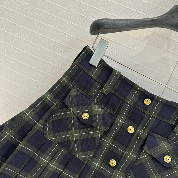 Miu Miu Plaid Pleated Skirt Green Blue Wool
