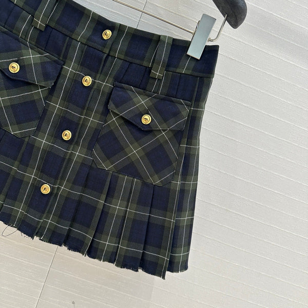 Miu Miu Plaid Pleated Skirt Green Blue Wool