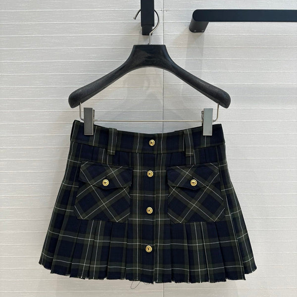 Miu Miu Plaid Pleated Skirt Green Blue Wool