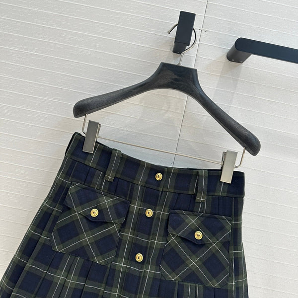 Miu Miu Plaid Pleated Skirt Green Blue Wool