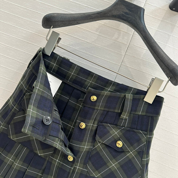 Miu Miu Plaid Pleated Skirt Green Blue Wool
