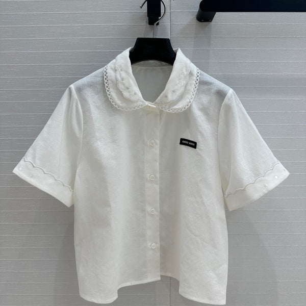 Miumiu 25 Double-layer Collar Shirt White Linen Cotton