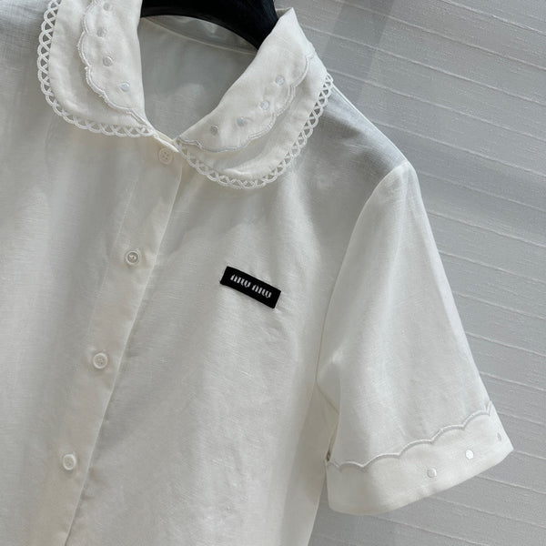 Miumiu 25 Double-layer Collar Shirt White Linen Cotton