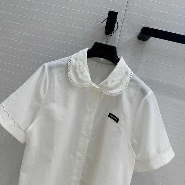 Miumiu 25 Double-layer Collar Shirt White Linen Cotton
