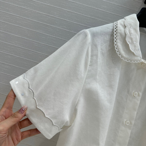 Miumiu 25 Double-layer Collar Shirt White Linen Cotton