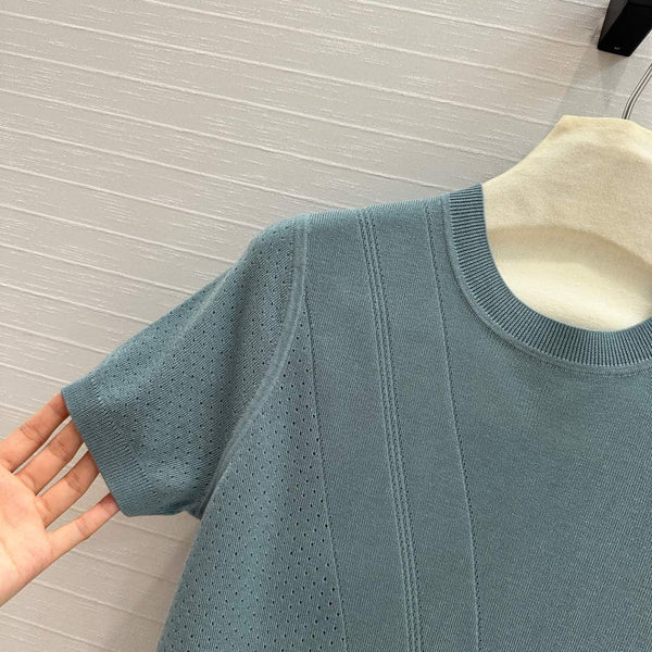 Hm 25 Hollow Knit Short-Sleeve Top Blue Green Tencel Cotton