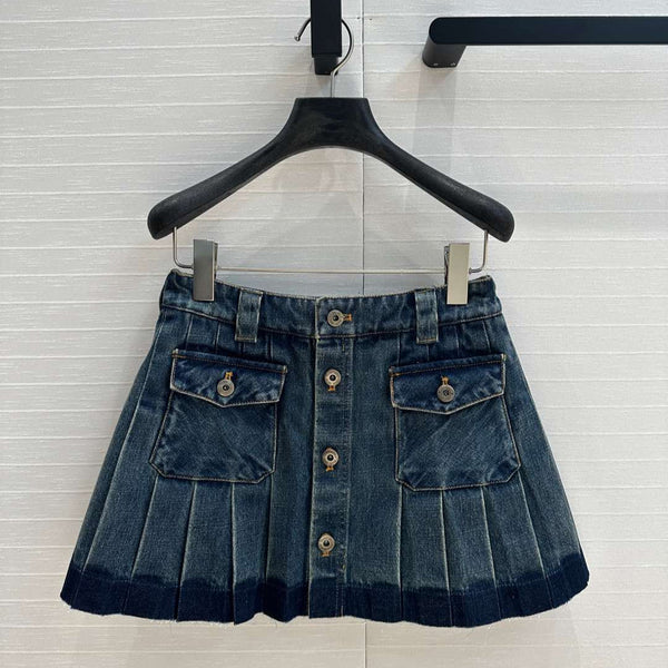 Miu Miu Denim Pleated Short Skirt Blue Cotton