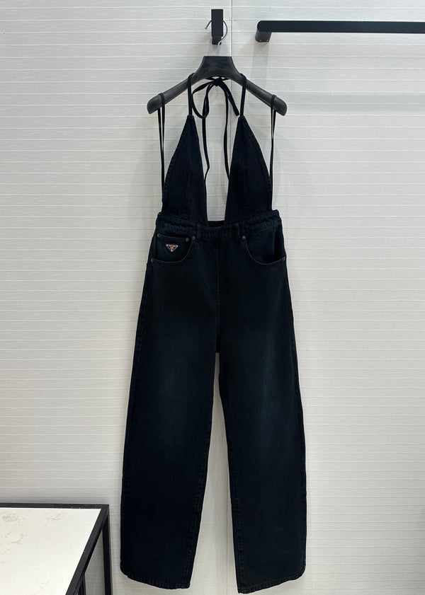 Prada 25 Halter Ntube Top Suspender Jumpsuit Black Cotton
