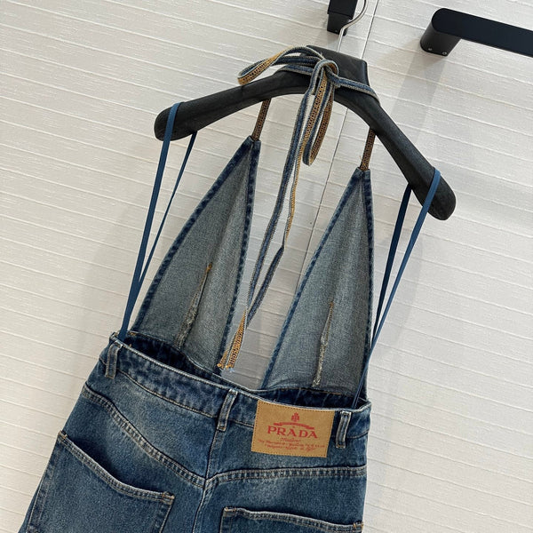 Prada 25 Halter Ntube Top Suspender Jumpsuit Blue Cotton