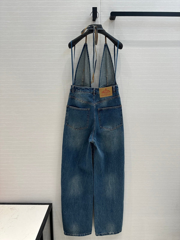 Prada 25 Halter Ntube Top Suspender Jumpsuit Blue Cotton