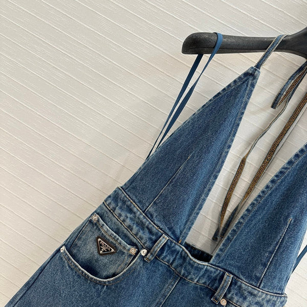 Prada 25 Halter Ntube Top Suspender Jumpsuit Blue Cotton