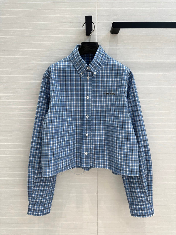 Miu Miu Plaid Short Shirt Blue Cotton
