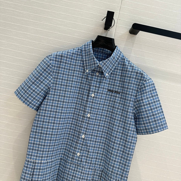 Miu Miu Plaid Pleated Shirt Dress Blue Cotton