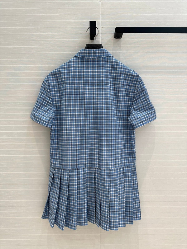 Miu Miu Plaid Pleated Shirt Dress Blue Cotton