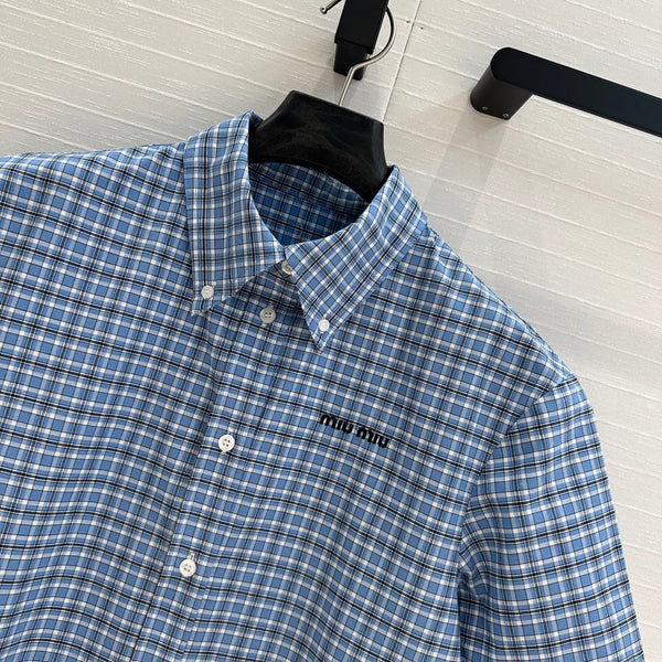 Miu Miu Plaid Pleated Shirt Dress Blue Cotton