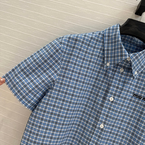 Miu Miu Plaid Pleated Shirt Dress Blue Cotton