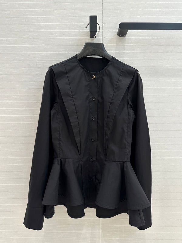 LV 25 Pleated Waist Round Neck Shirt Black Cotton