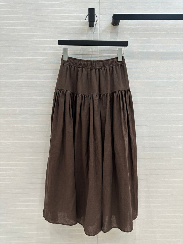 CD Pleated Long Skirt Brown Linen