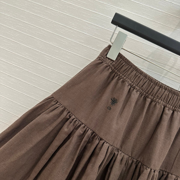 CD Pleated Long Skirt Brown Linen