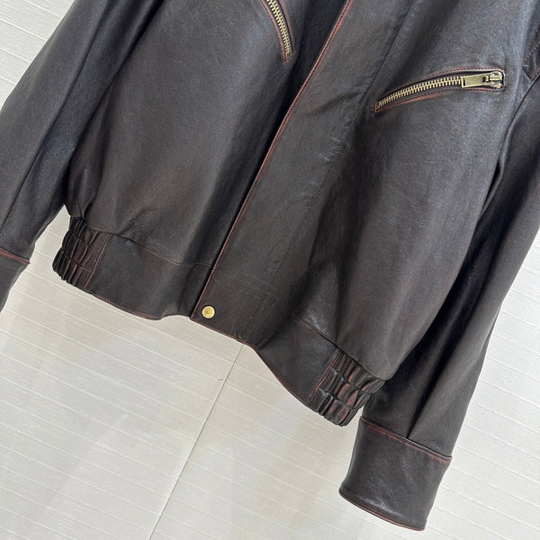 Giacca YSL con spalle ad angolo retto in pelle di agnello nera e marrone