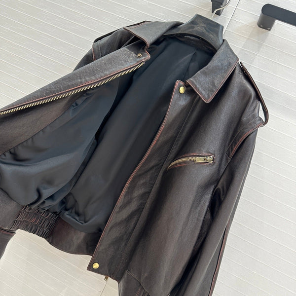 Giacca YSL con spalle ad angolo retto in pelle di agnello nera e marrone