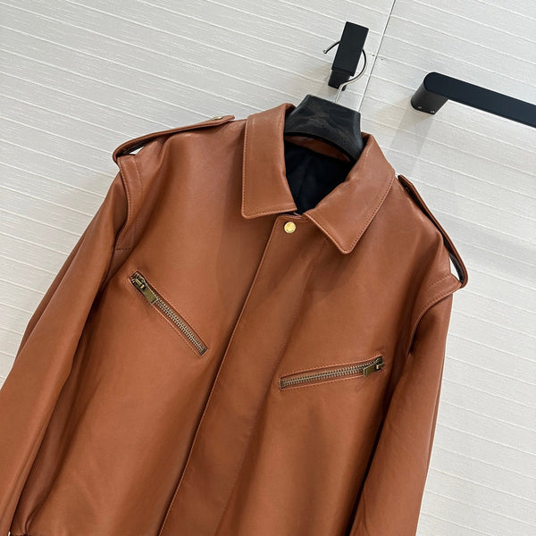 YSL Right-angle Shoulder Silhouette Jacket Brown Lambskin