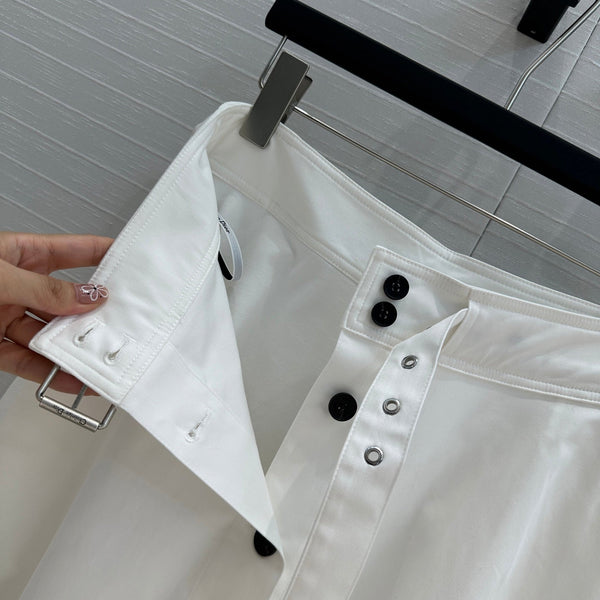 CD 25 Belted Single-breasted Long Skirt White Cotton