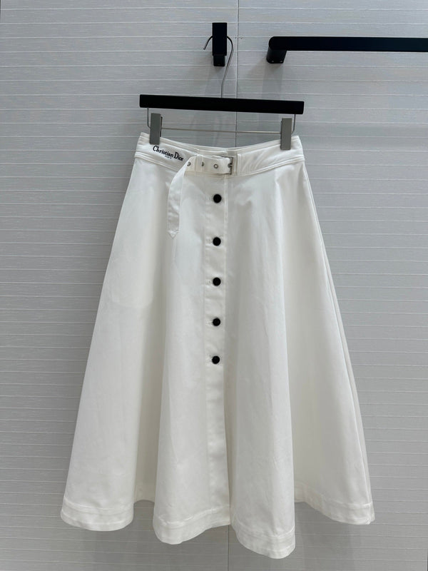 CD 25 Belted Single-breasted Long Skirt White Cotton